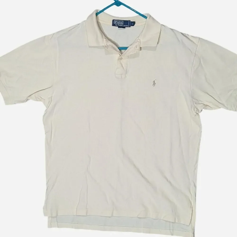 VTG Polo Ralph Lauren Men Large Cream Polo Shirt Cotton Short Sleeve Silver Pony